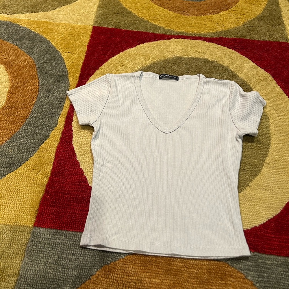 Brandy Melville Light Blue Ribbed Crop Top Baby Tee Shirt V Neck Cotton One Size